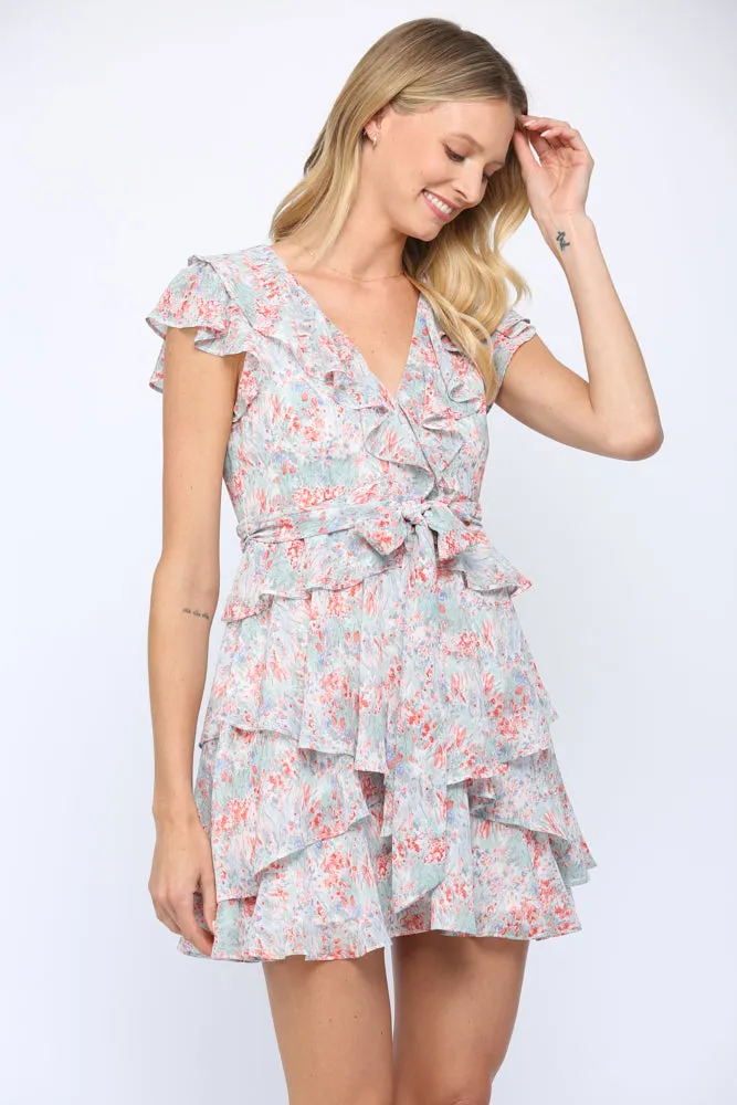 Fate Tie Waist Ruffle Dress In Blue Multi