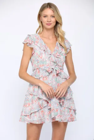 Fate Tie Waist Ruffle Dress In Blue Multi