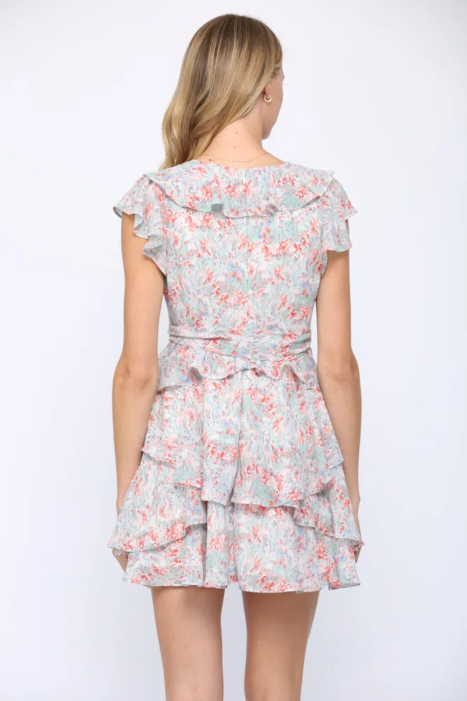 Fate Tie Waist Ruffle Dress In Blue Multi