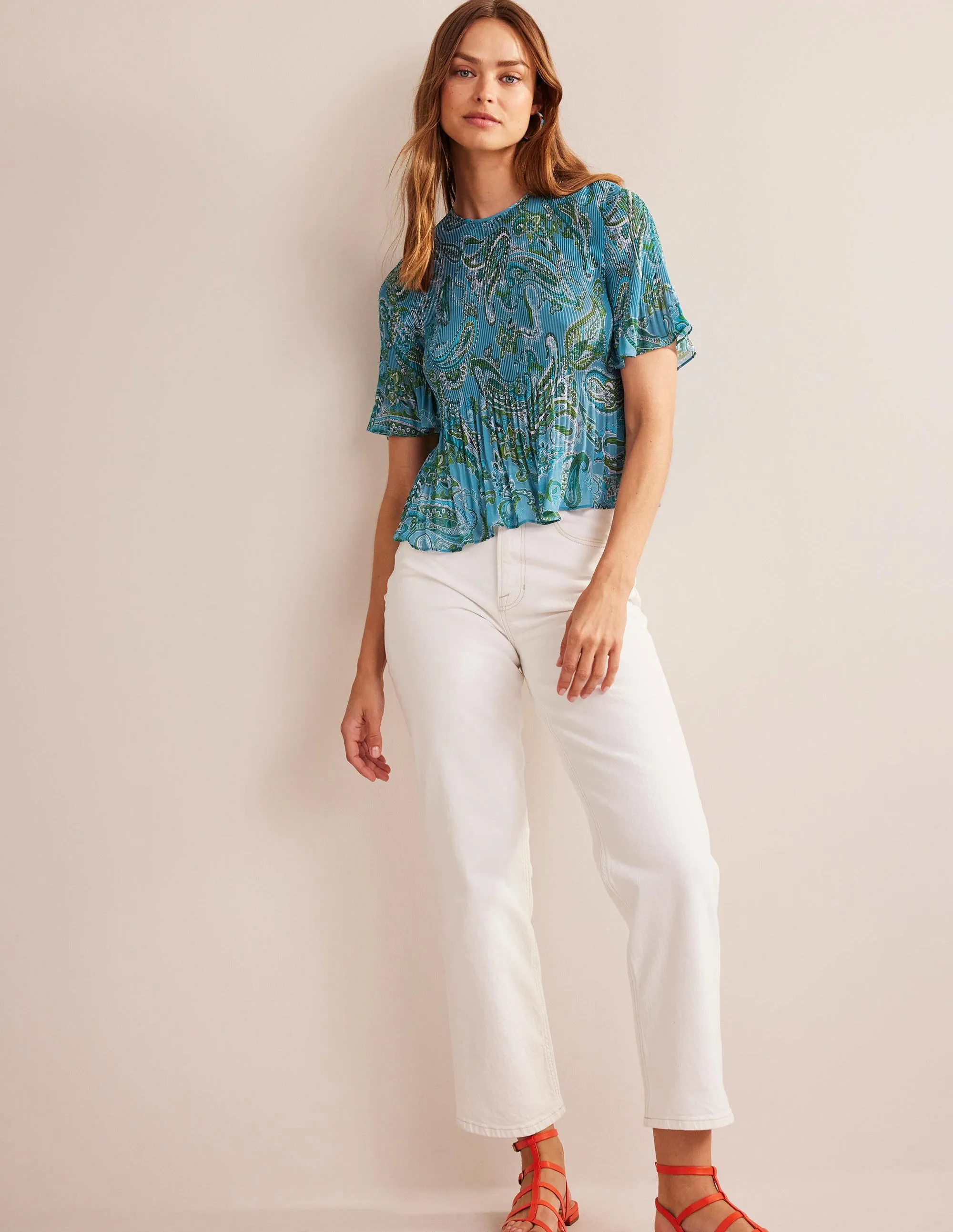 Flutter-Sleeve Plisse Top-Aegean Blue, Paradise Pop