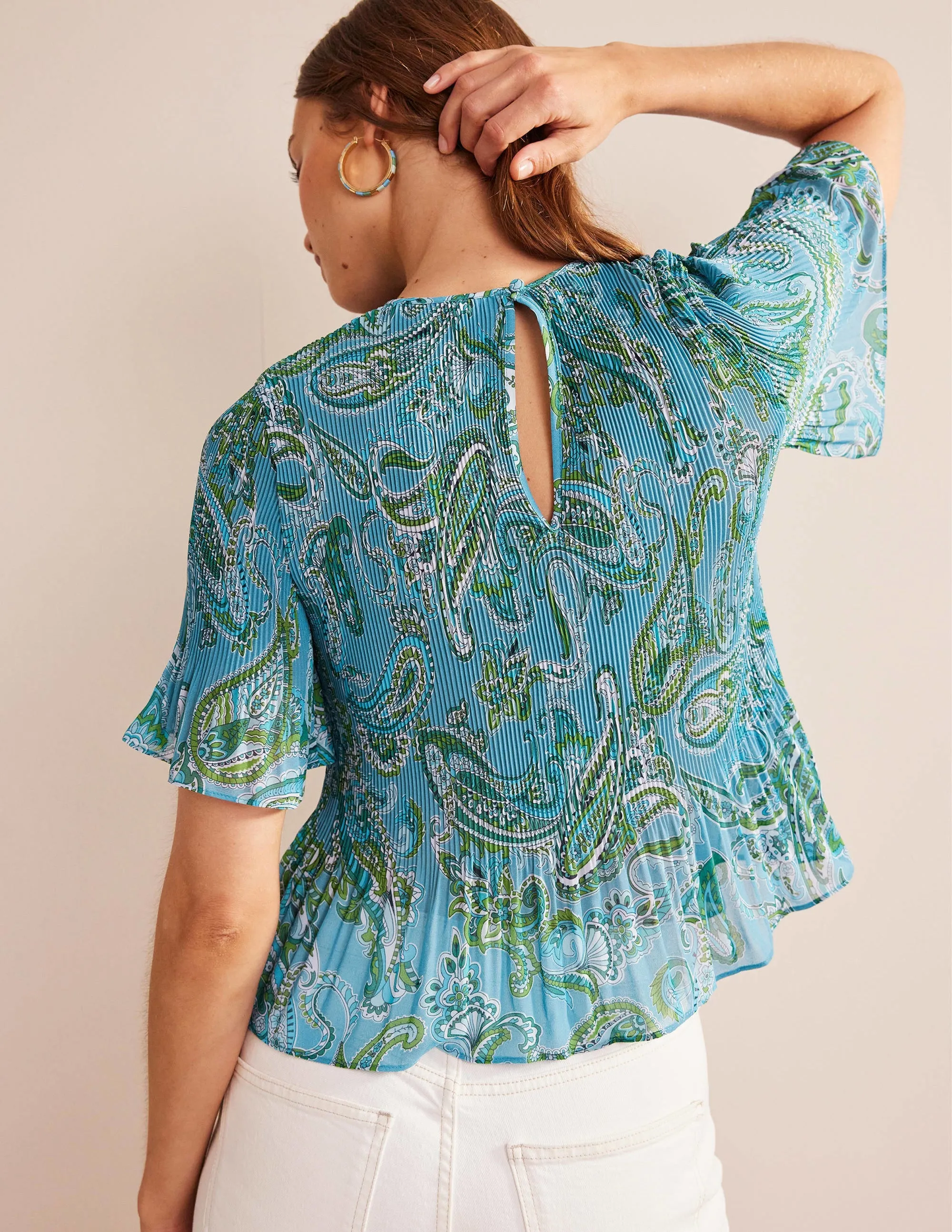Flutter-Sleeve Plisse Top-Aegean Blue, Paradise Pop