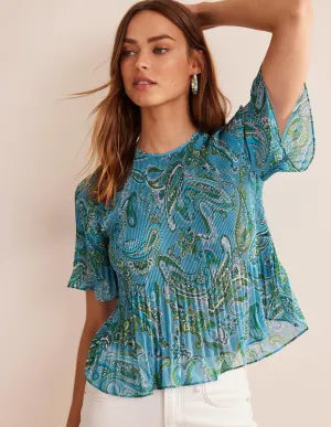 Flutter-Sleeve Plisse Top-Aegean Blue, Paradise Pop