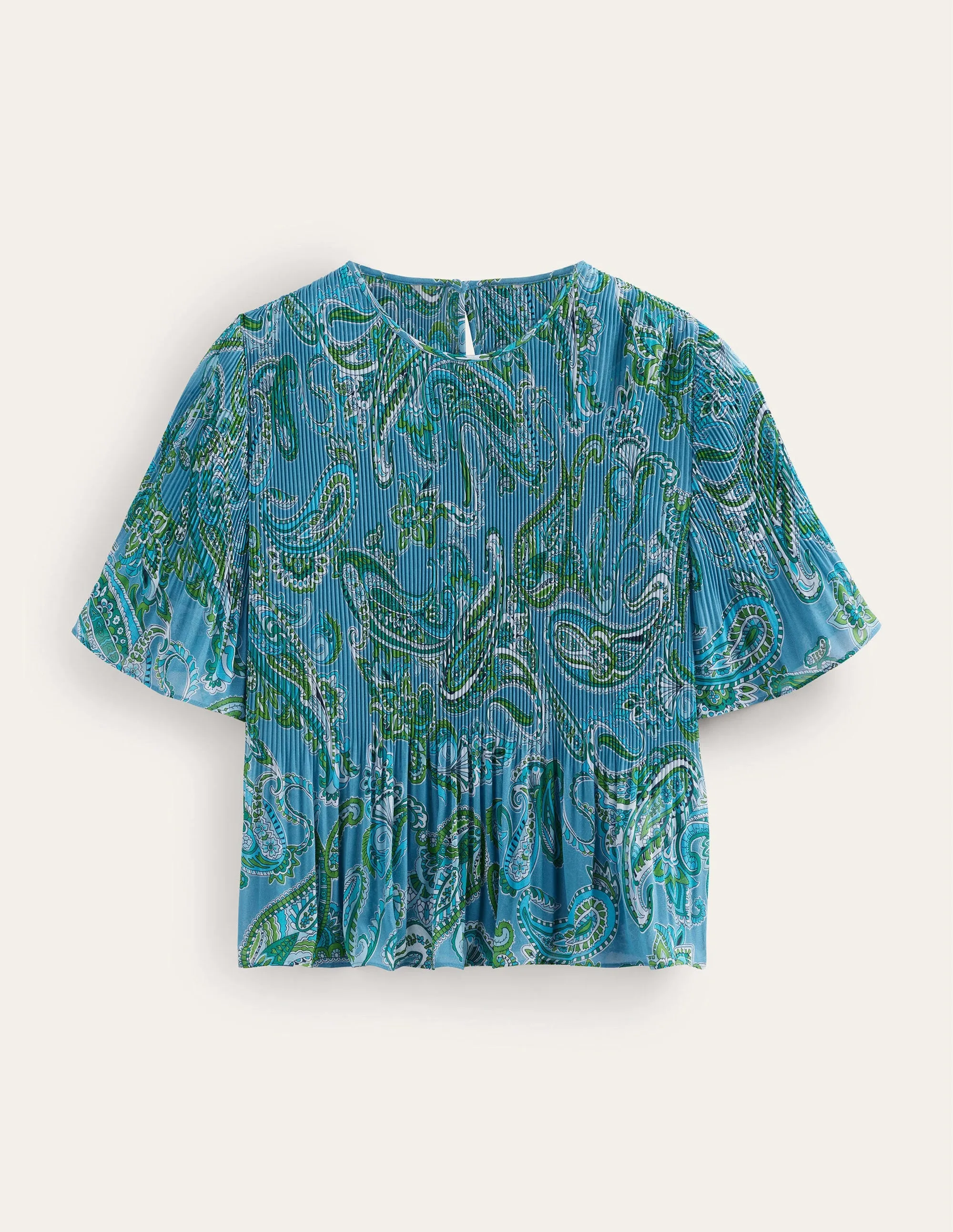 Flutter-Sleeve Plisse Top-Aegean Blue, Paradise Pop