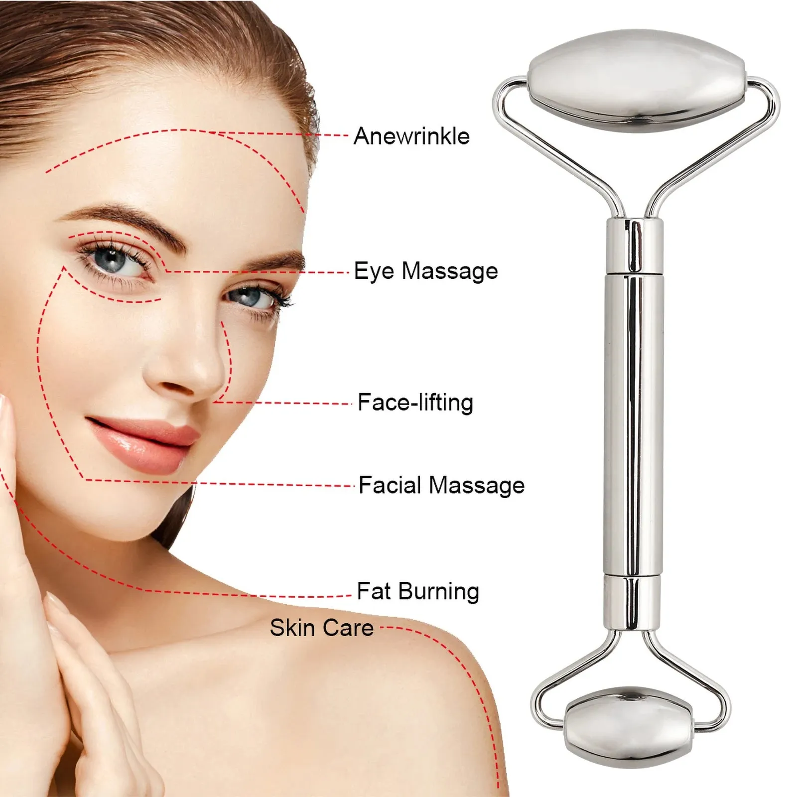 Luxury Stainless Steel Facial Roller & Gua Sha Set - Jade and Rose Quartz Face Massage Tools for Anti-Wrinkle & Cellulite Reduction