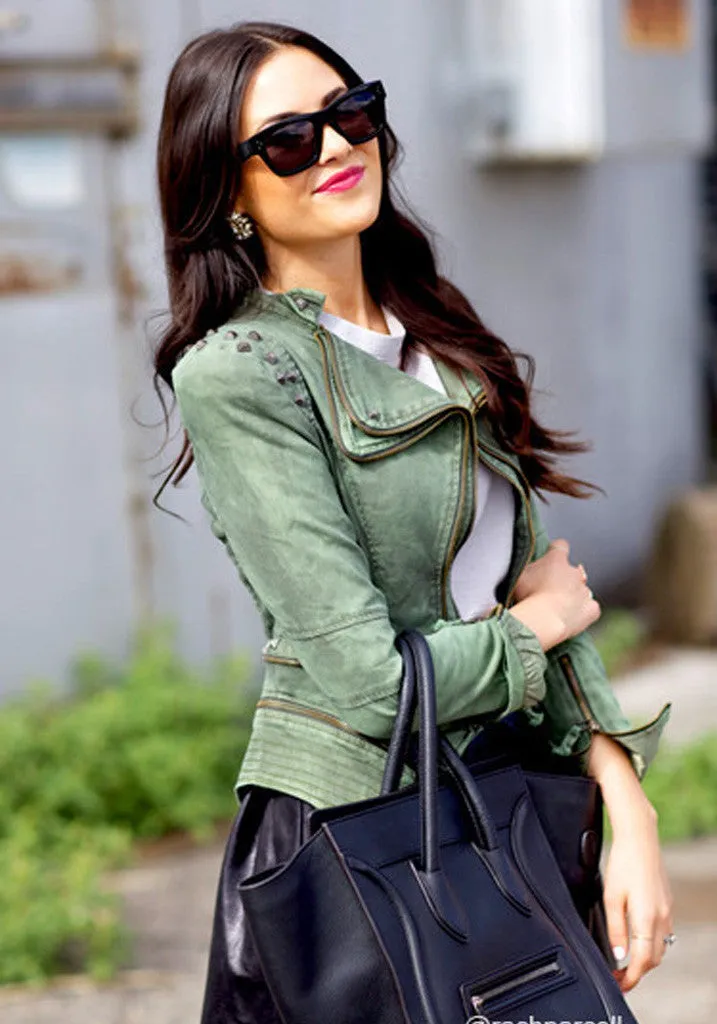 Vintage Wash Fitted Denim Jacket in Vintage Green